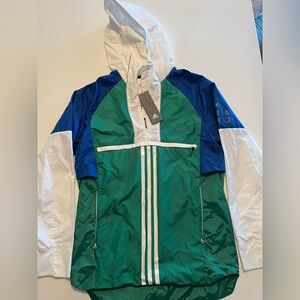 Retro Adidas Green and White Windbreaker Small